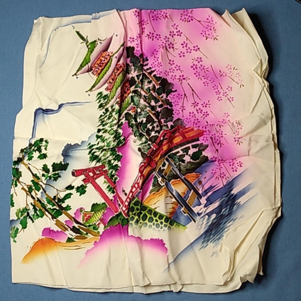 Vintage Souvenir Hand Painted Silk Japanese Scarf 1950s